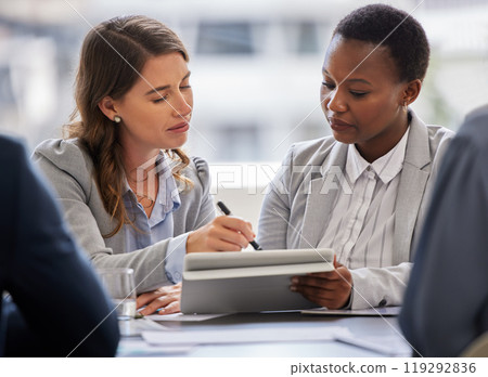 Women, partnership and tablet with documents in office for contract with deal negotiation. Lawyer, accountant and touchscreen with paperwork for decision, feedback and app for investment at agency Women, partnership and tablet with documents in office for contract with deal negotiation. Lawyer, accountant and touchscreen with paperwork for decision, feedback and app for investment at agency 119292836
