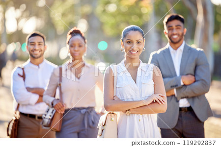 Portrait, city and woman for pride with business, lens flare and teamwork with solidarity. Female worker, confidence and corporate manager in urban park with sunshine for collaboration and support Portrait, city and woman for pride with business, lens flare and teamwork with solidarity. Female worker, confidence and corporate manager in urban park with sunshine for collaboration and support 119292837
