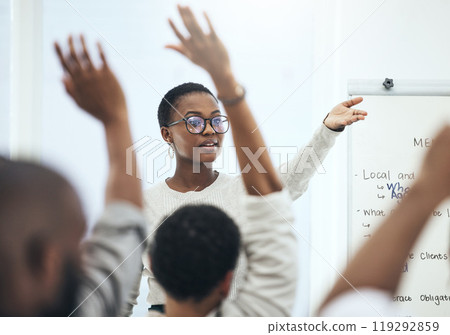 Seminar, question and black woman in presentation, speaker and training for audience in meeting. Public relations, publicist and female employee in event with team, group and glasses for person Seminar, question and black woman in presentation, speaker and training for audience in meeting. Public relations, publicist and female employee in event with team, group and glasses for person 119292859