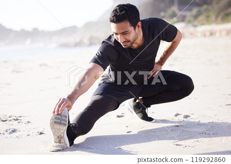 Man, leg and fitness with stretching on sand for training, exercise and body workout in nature. Male person, thinking and athlete at beach for preparation, flexibility and cardio warm up in morning Man, leg and fitness with stretching on sand for training, exercise and body workout in nature. Male person, thinking and athlete at beach for preparation, flexibility and cardio warm up in morning 119292860