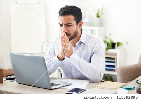 Business man, thinking and laptop in office with stock market investing and financial growth idea. Serious, tech and working investment professional with accounting problem solving of portfolio 119292899