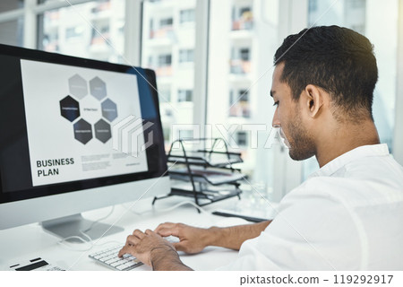Businessman, computer and typing with screen for online, planning or research and development at office. Man or employee working on pc with monitor display in business process or cycle at workplace 119292917