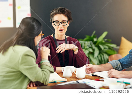 Creative agency, planning and business people in meeting, brainstorming or conversation for project brief. Group, staff or employees with teamwork, startup or cooperation with idea, support or review 119292936