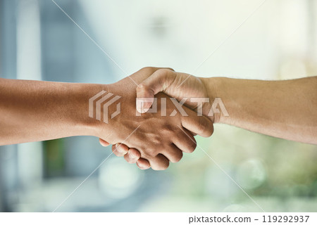 Business people, handshake and partnership with team in greeting, agreement or deal at office. Closeup of employees shaking hands for introduction, b2b or welcome in hiring, collabration or workplace 119292937