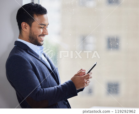 Office window, phone and happy asian businessman with social media, search or web scroll on work break. Smartphone, rain or consultant with app in China for crm deal, chat or b2b client communication Office window, phone and happy asian businessman with social media, search or web scroll on work break. Smartphone, rain or consultant with app in China for crm deal, chat or b2b client communication 119292962