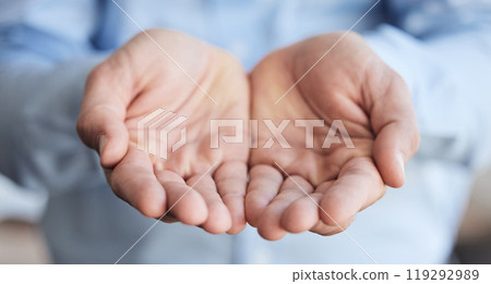 Hands, charity and community with a person begging for financial aid, donation and unemployment or poverty. Support, insurance and investment, compassion or kindness for company workplace or job loss 119292989