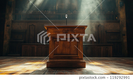 A wooden podium with a built-in microphone and a lectern 119292991