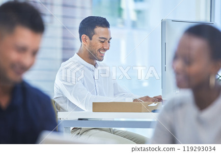 Happy, business and man with computer in office, typing and keyboard, email or programming as software engineer. Smile, male Mexican and pc, website or research with digital update as IT for company Happy, business and man with computer in office, typing and keyboard, email or programming as software engineer. Smile, male Mexican and pc, website or research with digital update as IT for company 119293034