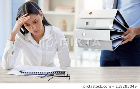 Stress, stack of files and businesswoman with headache in office for editing report, burnout or project deadline. Fatigue, anxious and documents with employee for exhausted, overwhelmed or frustrated 119293049