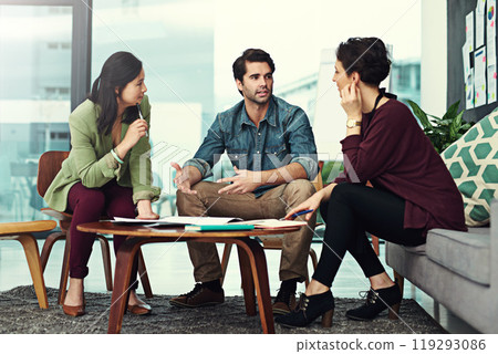 Creative agency, modern office and business people in meeting, brainstorming and ideas for project. Group, feedback or employees with conversation, cooperation and review with teamwork and support 119293086