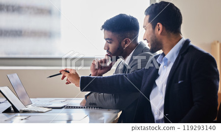 People, help and teamwork on laptop with mentor training in business with advice or info. Project, feedback and man coaching person on computer with support for ideas or learning in conversation 119293140