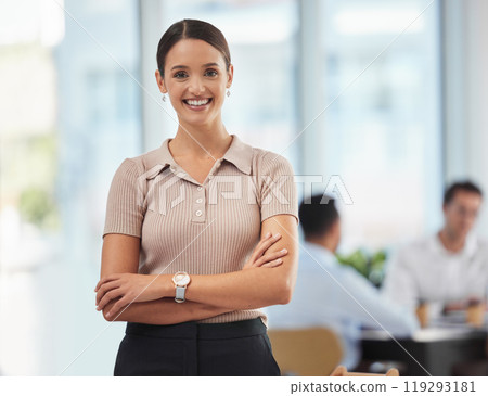 Portrait, business people and woman with arms crossed, pride and confident girl in modern office. Face, people and insurance consultant with career ambition, claim analyst and policy agent with smile 119293181