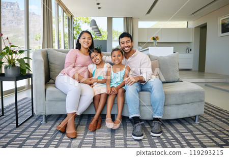 Mexican family, portrait and smile with children in home for bonding connection, daughters or sofa. Mother, father and siblings on couch in living room with embrace for love support, care or weekend Mexican family, portrait and smile with children in home for bonding connection, daughters or sofa. Mother, father and siblings on couch in living room with embrace for love support, care or weekend 119293215
