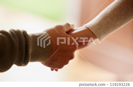 Couple, support and holding hands with love and trust in marriage on holiday or vacation in home. Calm, care and people closeup together with empathy, gratitude and touching partner with respect Couple, support and holding hands with love and trust in marriage on holiday or vacation in home. Calm, care and people closeup together with empathy, gratitude and touching partner with respect 119293226