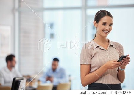 Coworking, office and portrait of woman with phone typing on social media, chat app or feedback, Online, communication and employee smile with smartphone to post in workplace as content manager Coworking, office and portrait of woman with phone typing on social media, chat app or feedback, Online, communication and employee smile with smartphone to post in workplace as content manager 119293229