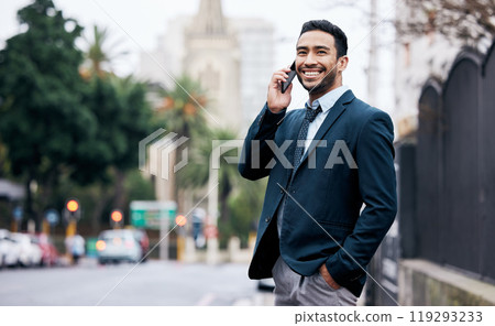 Phone call, business and Asian man with commute in city for listening, contact or conversation with client. Bangkok, loan officer and employee for negotiation, application or credit score feedback 119293233