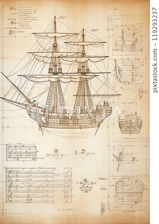 Caravel, sailing ship sketch. Technical drawing. Exploration and discovery concept. Nautical poster artwork design. Generative Ai 119293237