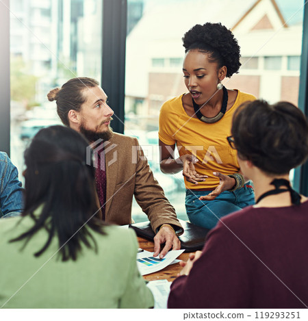 Business people, group and brainstorming in meeting with discussion for creative planning and feedback in office. Teamwork, employees and strategy with talking, explaining and listening in boardroom 119293251