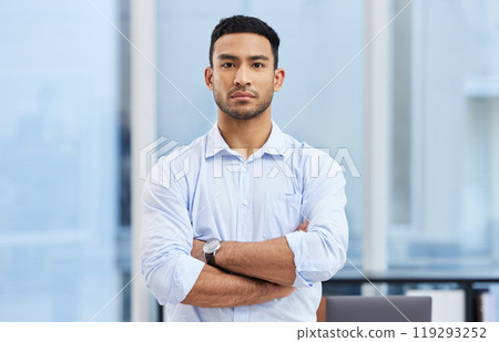 Serious, arms crossed and portrait of business man in office for confidence, professional or positive mindset. Corporate, financial advisor or male worker for company growth, career pride or startup Serious, arms crossed and portrait of business man in office for confidence, professional or positive mindset. Corporate, financial advisor or male worker for company growth, career pride or startup 119293252