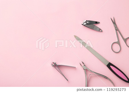 Tools of a manicure set on pink background with copy space Tools of a manicure set on pink background with copy space 119293273