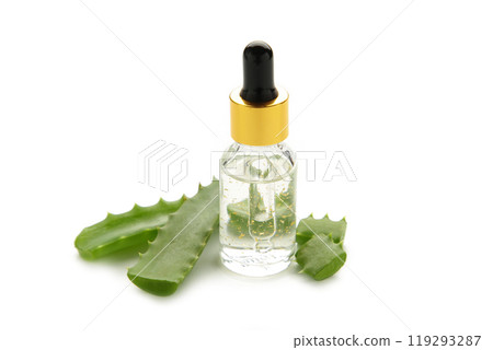 Aloe vera and oil bottle isolated on white background. 119293287