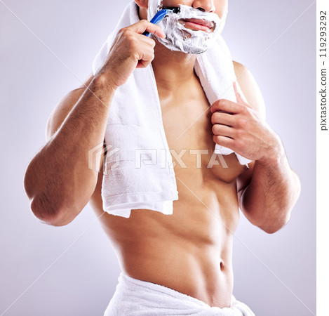 Body, razor and shaving face for cleaning, health and hair removal for hygiene isolated on white background in studio. Cream, foam and man cutting beard for skincare, grooming or muscle for beauty 119293292