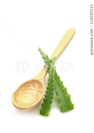 Aloe vera gel on wooden spoon with aloe vera isolated on white background. Aloe vera gel on wooden spoon with aloe vera isolated on white background. 119293315