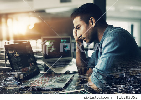 Man, technology and anxiety with city overlay in office for financial risk, mistake and stock market crash. Trading, broker and frustrated with anxiety for investment, failure and bad news of economy 119293352