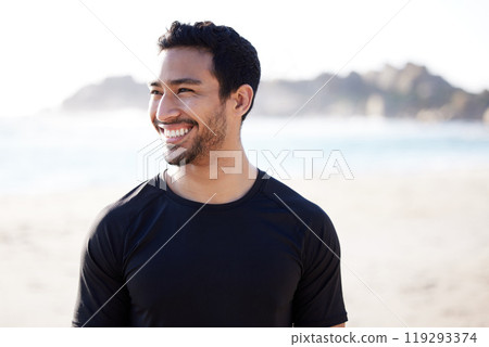 Nature, fitness and Asian man with smile at beach for outdoor cardio, workout and wellbeing on weekend. Happy, male person and thinking by ocean for sports training, body health and exercise 119293374