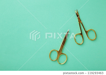 Scissors for manicure woman nails on mint background with copy space 119293463