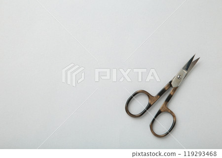 Small metal manicure scissors on grey background with copy space 119293468
