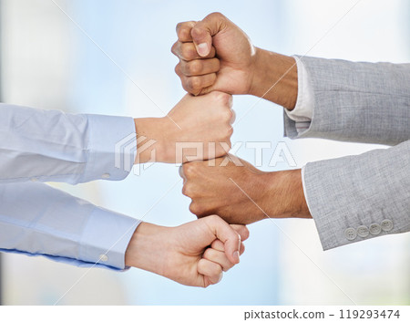 Business people, fist and stack with team trust, solidarity and support with loyalty, partnership and synergy. Community, collaboration and working together for growth, mission and strategy with deal 119293474