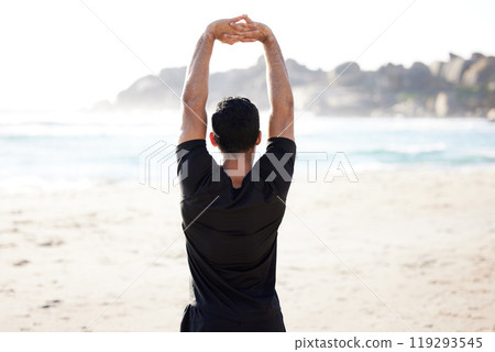 Man, back and fitness with stretching at beach for exercise, training and workout in morning. Male person, flexibility and athlete in nature for cardio, preparation and warm up for body wellness 119293545