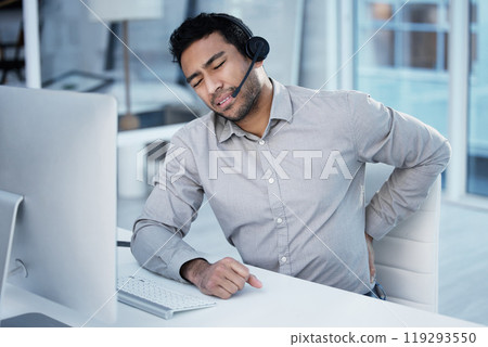 Businessman, stress and back pain with muscle strain for burnout, anxiety and fatigue. Entrepreneur, startup and headache with mental health, tired and workload for fibromyalgia, crisis and risk 119293550