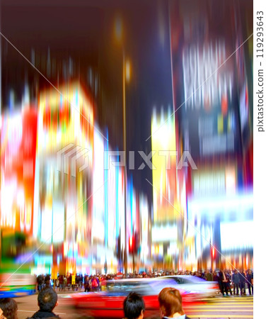 Traffic, people and motion blur in New York for travel, transportation and cityscape at night. Pedestrians, sidewalk and journey in USA for tourism, adventure and bright lights in city with glow 119293643