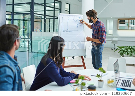 Whiteboard, graph and man in boardroom with strategy for teamwork and collaboration. People, office and meeting for business growth, feedback and report for reviews with presentation for statistics 119293667