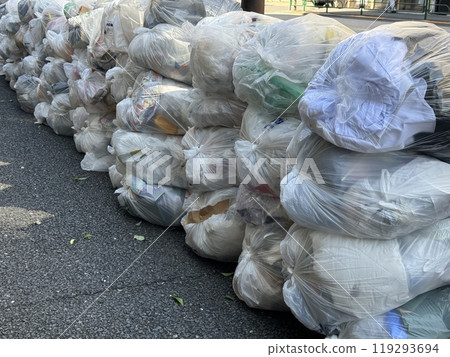 A scene of neatly arranged garbage at a Japanese garbage collection site A scene of neatly arranged garbage at a Japanese garbage collection site 119293694