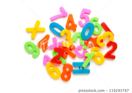 Magnetic multi-coloured figures isolated on a white background. Back to school. 119293787