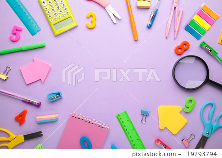 School supplies on purple background. Back to school concept. 119293794