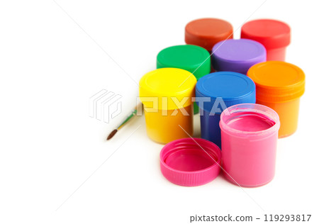 Set of colorful gouache jars isolated on white background. With copy space. Set of colorful gouache jars isolated on white background. With copy space. 119293817