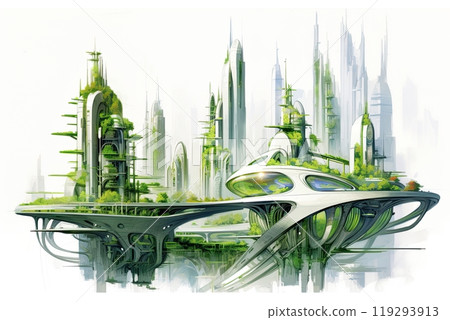 Futuristic city sketch drawing. Sustainable, green energy concept. Poster, wall art design.Generative Ai 119293913