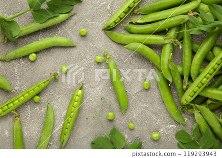 Health fresh green peas on grey background with copy space 119293943