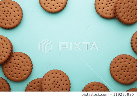 Chocolate chip cookie on blue background.Top view. 119293950