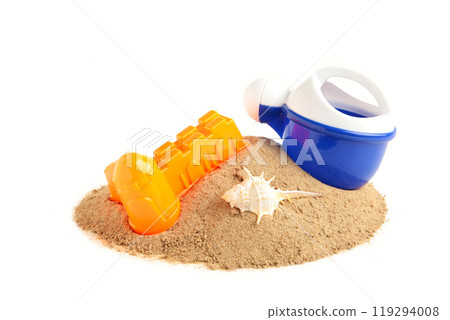 Summer beach toys with accessories isolated on white background. Summer frame 119294008