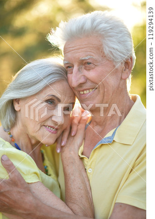 Portrait of beautiful senior couple posing in the park Portrait of beautiful senior couple posing in the park 119294139