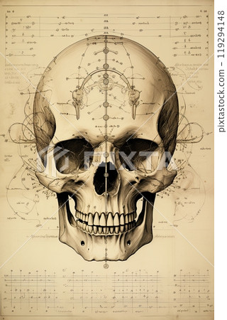 Human skull drawing sketch. Anatomy and medical concept. Poster, artwork design. Generative Ai Human skull drawing sketch. Anatomy and medical concept. Poster, artwork design. Generative Ai 119294148