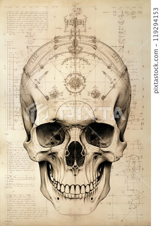 Human skull drawing sketch. Anatomy and medical concept. Poster, artwork design. Generative Ai 119294153