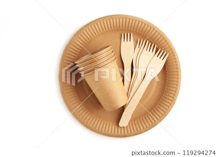 Eco - friendly plate with fork and glasses isolated on white background. Disposable tableware 119294274
