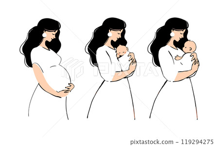 Mother s day. Pregnancy and motherhood illustration set, pregnant woman, mother with child. Hand drawn vector sketch. Vector isolated on white background. 119294275