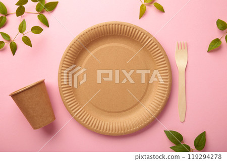 Eco friendly disposable dishes with green leaves on pink background. Zero waste, eco friendly, plastic free background. Eco friendly disposable dishes with green leaves on pink background. Zero waste, eco friendly, plastic free background. 119294278